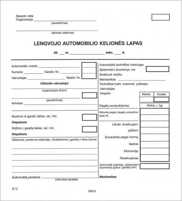 Lengvojo automobilio kelionės lapas, pakuotė 100 vnt.